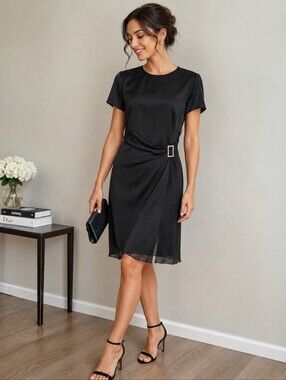 Linda Allard  Ellen Tracy 100% Silk Little Black Cocktail Dress Sz 8 Rhinestones